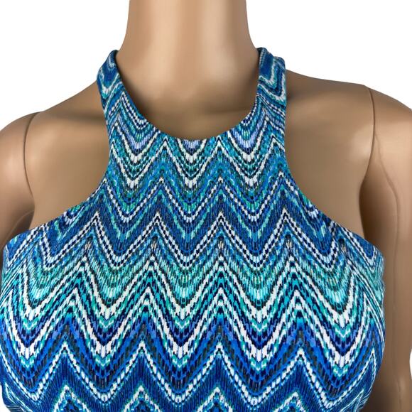 New Island Escape St. Martin Blue High Neck Zigzag Cutout Back Tankini Top 6 - Picture 2 of 6